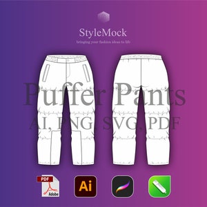 May include: A line drawing of a pair of puffer pants. The pants are shown from the front and back. The drawing is in black and white and is on a purple background. The text "Puffer Pants" is written in large letters across the middle of the image. The text "AI, PNG, SVG, PDF" is written below the pants.