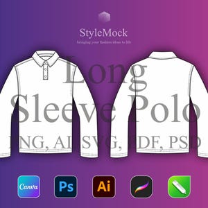 Maqueta de polo de manga larga - Plantilla vectorial de Illustrator para ropa, boceto técnico de ropa deportiva para diseño de moda (ai, svg, png, pdf, psd)