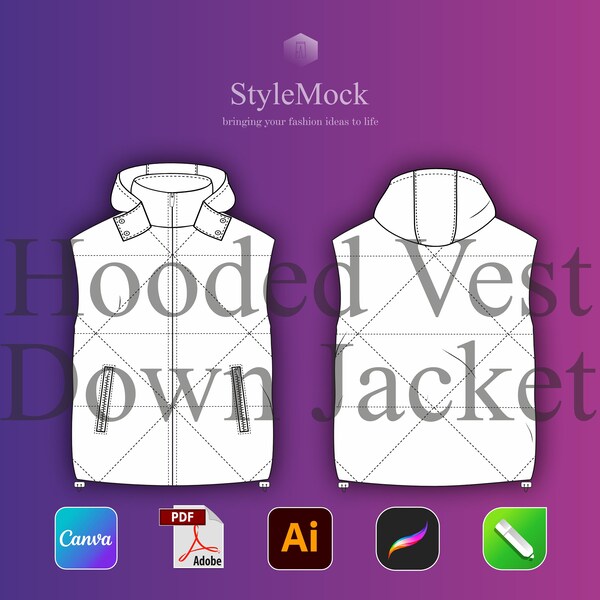 Hooded Vest Down Jacket Vector Mockup - Illustrator Template Streetwear Vector Procreate Template Vector Clothing Fashion Flat drawings AI