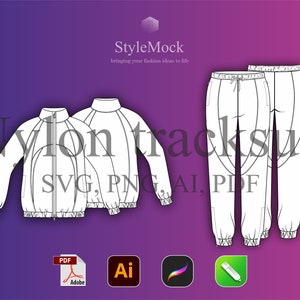 Puede incluir: Un chándal de nylon blanco con una chaqueta con cremallera y pantalones de chándal. La chaqueta tiene un cuello alto y mangas largas. Los pantalones de chándal tienen una cintura elástica y un cordón. El texto "Nylon tracksuit" está escrito en letras grandes y negritas en la imagen.