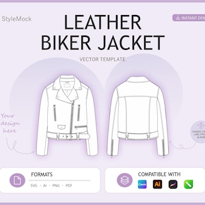 Leather Biker Jacket Vector Mockup – Fashion Flat, Streetwear Clothing (ai, svg, png, pdf)