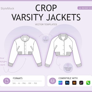 Vektormodeller av korta varsityjackor – platta teckningar för gatumode, skiss för teknikpaket, Canva varsity-mall (ai, svg, png, pdf, psd)