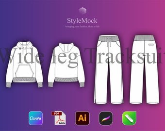 Wide leg tracksuit Vector Mockup - Flat Sketch AI, Technical Drawing, Sportswear template, Vector Fashion illustration