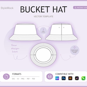 Maquete plana de chapéu bucket – Desenhos técnicos de chapéus em SVG para Canva, Photoshop e Illustrator. Esboço de chapéu para design de moda.