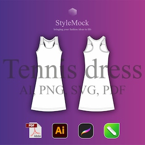 Op de afbeelding: Lijntekening van een witte tennisjurk met een ronde hals en zonder mouwen. De jurk wordt van voren en achteren getoond. De tekst "Tennis dress" en "AI, PNG, SVG, PDF" staat onder de afbeelding.