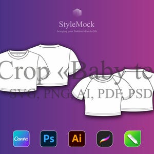 Crop Tee Vector Mockups: Fashion Flat Drawings PSD File, Illustrator Mockup (Digital Download)
