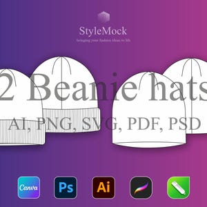 May include: Illustration of two white beanie hats. The text on the image reads "2 Beanie hats" and "AI, PNG, SVG, PDF, PSD". The image also includes the StyleMock logo and icons for Canva, Photoshop, and Adobe Illustrator.