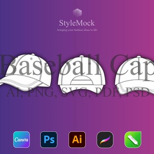 Baseball Cap Flat Mockup: Vector Template for Fashion Design, Hat Tech Sketch, Headwear Illustrator Mockup