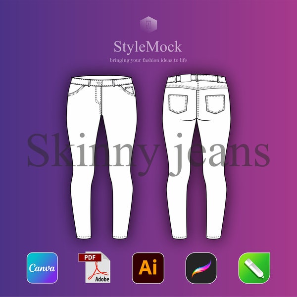 Skinny Jeans Vector Mockup - Illustrator Template Denim Vector Procreate Template Streetwear Vector Clothing Fashion Flat drawings Jeans