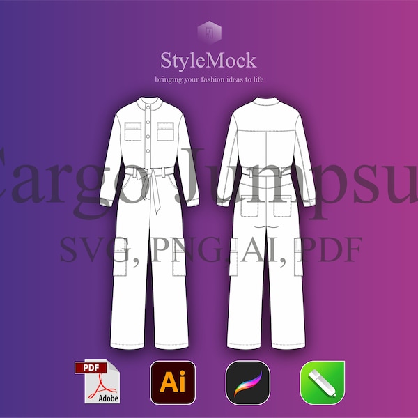 Street Chic Cargo Jumpsuit Mockup - Detailed AI & PNG Sketch for Design