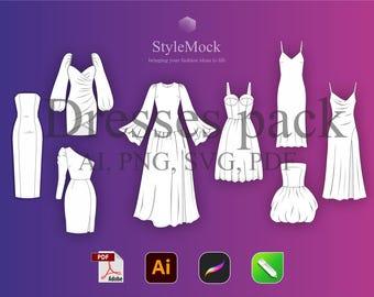 Jurken Vector Mockups Pack – Fashion Flats-sjabloon (ai, svg, png, pdf)
