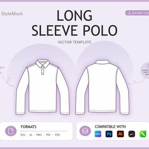 Long Sleeve Polo Flat Mockup - Vector Clothing Illustrator Template, Sportswear Tech Sketch for Fashion Design (ai, svg, png, pdf, psd)