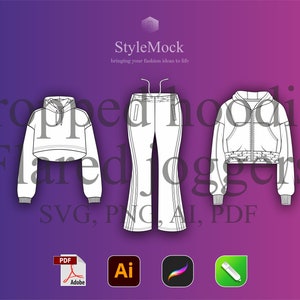 May include: Line art illustration of a cropped hoodie and flared joggers. The design is in black and white and includes the text "Cropped hoodies Flared joggers" and "SVG, PNG, AI, PDF".