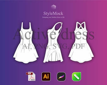 Maqueta vectorial de vestido deportivo: dibujos planos de moda deportiva, ropa vectorial, boceto técnico de vestido deportivo (ai, png, svg, pdf)