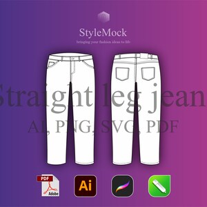 Straight Jeans Vector Mockup - Illustrator Template Denim Vector Procreate Template PNG Streetwear Vector Clothing Fashion Flat drawings AI