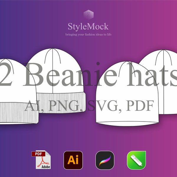 Beanie Hat Mockups - Illustrator Template Vector Mockup Procreate Template PNG Streetwear Vector Clothing Fashion Flat drawings Head Toque