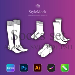 Maquetas vectoriales de calcetines: Dibujos planos de moda en PDF, AI, PSD (Descarga digital)