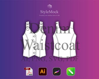 Denim Waistcoat Vector Mockup - Fashion Flat Drawings (ai, svg, png, pdf)