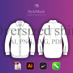 May include: A line drawing of an oversized shirt with long sleeves and a button-down front. The shirt is shown from the front and back. The text "Oversized shirt" and "AI, PNG, SVG, PDF" is displayed below the image.