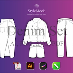 Denim Skirt Jacket Jeans Shorts mockups - Vector Tech Pack Illustrator Template Mockup Streetwear Procreate Template Flat drawings SVG