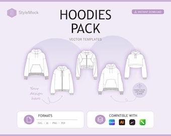 Hoodie Vector Mockup Pack – Fashion Flat Drawings, Streetwear Canva Template (ai, png, svg, pdf)