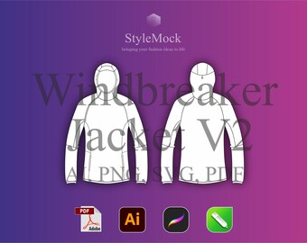 Pode incluir: Uma maquete de jaqueta corta-vento branca com capuz. A jaqueta é mostrada em vista frontal e traseira. O texto "Windbreaker Jacket V2" está escrito em letras grandes e em negrito em toda a imagem. O texto "AI, PNG, SVG, PDF" está escrito abaixo das jaquetas. O texto "StyleMock" está escrito na parte superior central da imagem.