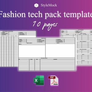 May include: A fashion tech pack template against a purple and pink gradient background. The text "Fashion tech pack template" and "10 pages" are displayed. The template includes several pages with tables and sections for measurements and specifications. Excel and PDF icons are also visible.