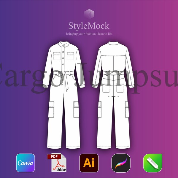 Street Chic Cargo Jumpsuit Mockup - Detailed AI & PNG Sketch for Design