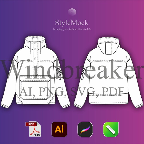 Windbreaker Mockup - Illustrator Template Vector Mockup Procreate Template Sportswear Vector Clothing Fashion Flat drawings Jacket Sketch AI