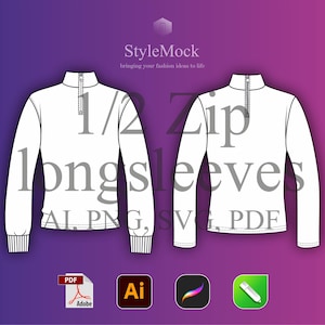 May include: White long-sleeved shirt with a half-zip collar, displayed twice on a gradient purple and pink background. Text overlay reads "1/2 Zip longsleeves" and "StyleMock". Includes icons for Adobe PDF, Adobe Illustrator, and other design software.