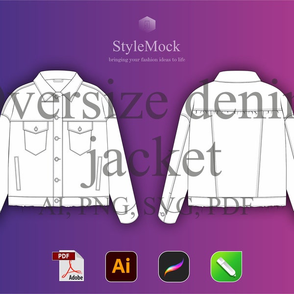 Oversize Denim Jacket Vector Mockup - Illustrator Template Denim Vector Procreate Template Streetwear Vector Clothing Fashion Flat drawings