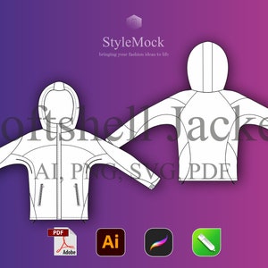 May include: A black and white line drawing of a softshell jacket with a hood. The jacket has a zipper closure and two pockets. The drawing is on a purple background with the text "Softshell Jacket" and "AI, PNG, SVG, PDF" in white.