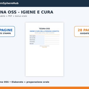 May include: A digital document set titled TESINA OSS - IGIENE E CURA featuring a central page with fields for personal information, flanked by two rectangular boxes indicating 23 PAGINE PRONTE STAMPA and 28 PAGINE GUIDATE on a white background.