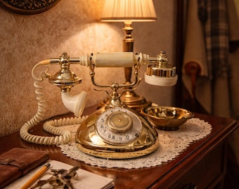 Vintage Gold Phone 1980s, Phone with Watch , UFA Phone, Retro Phone, Dial Telephone, Stylish Phone, White Gold Phone, Soviet Desk Phone