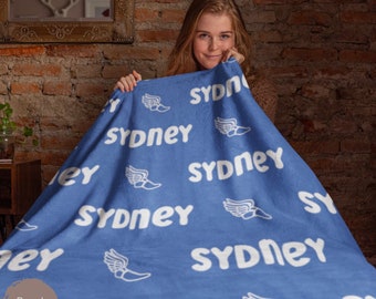 Custom Track & Field Throw Blanket, Personalized Sports Blanket, Name Gift, Track Meet Merch For Girl Or Boy Athlete, Winged Foot, Track Fan