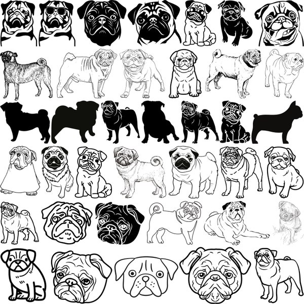 Pug Svg Bundle, Pug Clipart, pug head svg, Peeking Dog svg, Pug Files For Cricut, Dog Lover Svg, PUG  silhouette