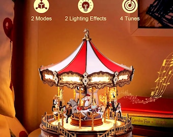 DIY Classic Carousel Music Boxes 3D Wooden Carousel Puzzle Kit | LED Musical Nostalgia Carnival Model DIY Craft Xmas Gifts for Adults / Kids