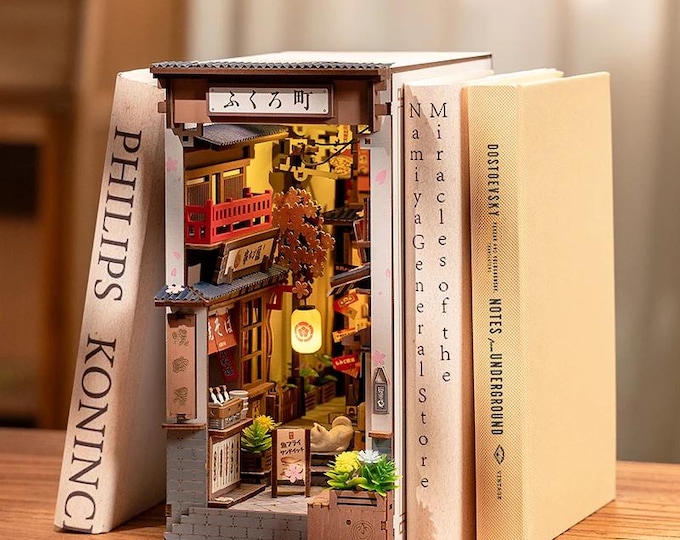 DIY Sakura Wine Alley Book Nook Kit | Japanese Street-Themed 3D Wooden Puzzle | DIY Bookshelf Insert with LED Light