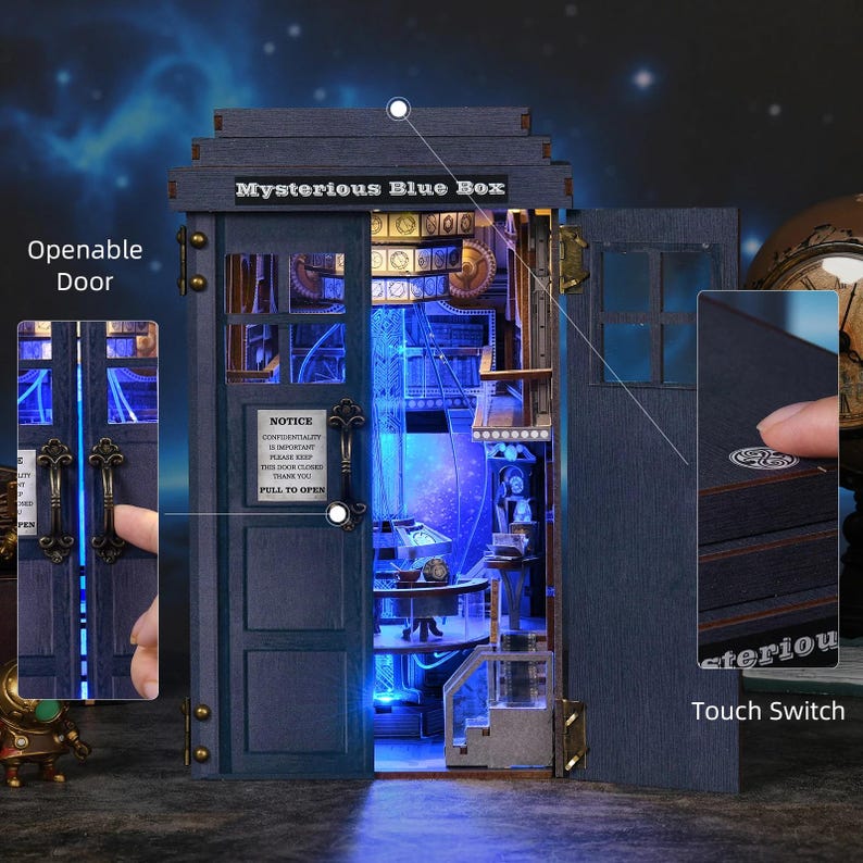 Puede incluir: Una caja de madera azul con el texto "Mysterious Blue Box" en la parte superior. La caja tiene una puerta que se puede abrir con un letrero que dice "Notice Confidentiality is Important Please Keep This Door Closed Thank You Pull to Open". El interior est&aacute; iluminado con luces azules.