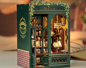 DIY Bookshop Memories, Owl BookStore Book Nook Kit Miniature Wooden Dollhouse with Lights Bookshelf Insert 3D Puzzle Decor Model for Gifts