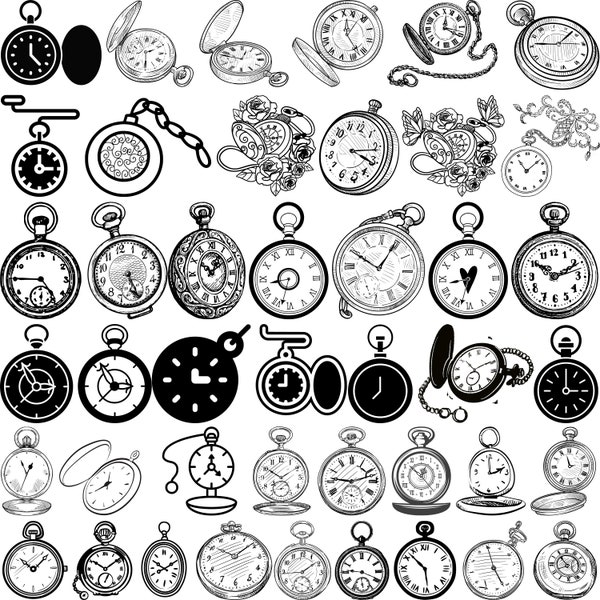 Paquete SVG de reloj de bolsillo, vector de reloj de bolsillo vintage, archivos de corte de reloj de bolsillo vintage, silueta de reloj de bolsillo vintage,