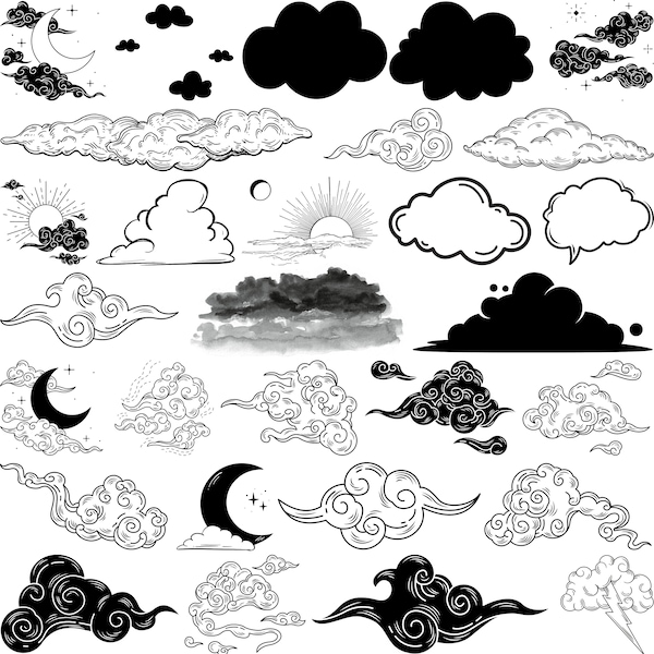 Cloud SVG Bundle, Cloud Silhouette, Cloud Shape Vector, Cloud Clip Art, Cloud Cut File, Rain Cloud Svg, Cloud Cricut, Weather Svg,