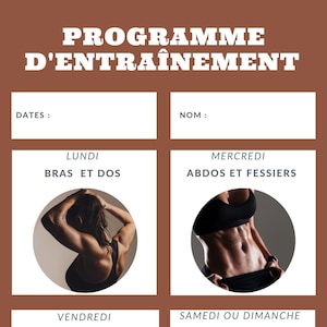Peut inclure: Un programme d'entraînement avec quatre jours d'exercices différents : Lundi - Bras et Dos, Mercredi - Abdos et Fessiers, Vendredi - Abdos et Fessiers, Samedi ou Dimanche - Cardio Complet. Chaque jour présente une photo d'une personne faisant de l'exercice.