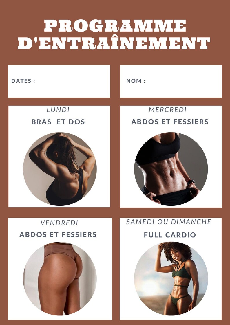 May include: A workout schedule with four different days of exercise: Monday - Arms and Back, Wednesday - Abs and Glutes, Friday - Abs and Glutes, Saturday or Sunday - Full Cardio. Each day features a photo of a person exercising.