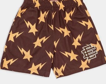 Short en maille marron avec motif éclair et étoile, bas de sport streetwear, cadeau pour lui.
