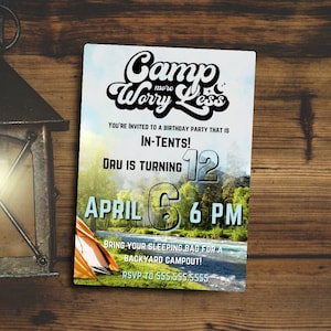 Camping Geburtstags-Party Einladung benutzerdefinierte digitaler Download druckbare 5 x 7 Jungen Mädchen Hinterhof Campout Zelte Lagerfeuer Camp Sleepover