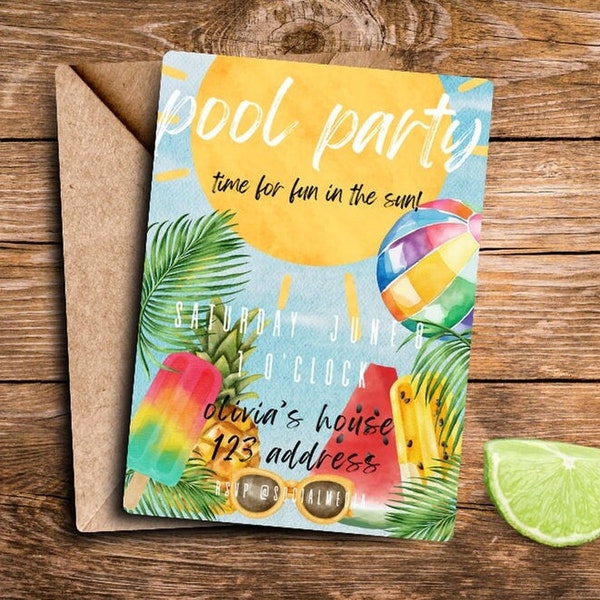 Pool Party Invitation Custom Digital Download Spring Summer Springbreak Birthday Kids Teens Adults Drinks BBQ Cookout Swim Swimming