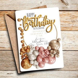 Goud, Rose goud, zilver verjaardag ballonnen uitnodiging voor feest, digitale download, afdrukbaar, tekst of e-mail eenvoudig/modern aangepaste volwassen kinderen tiener
