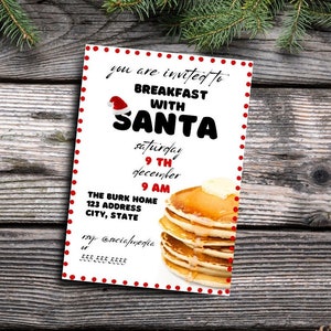 Colazione con invito a Babbo Natale Download digitale stampabile, invito a inviare messaggi di testo o e-mail Pancakes Babbo Natale per bambini