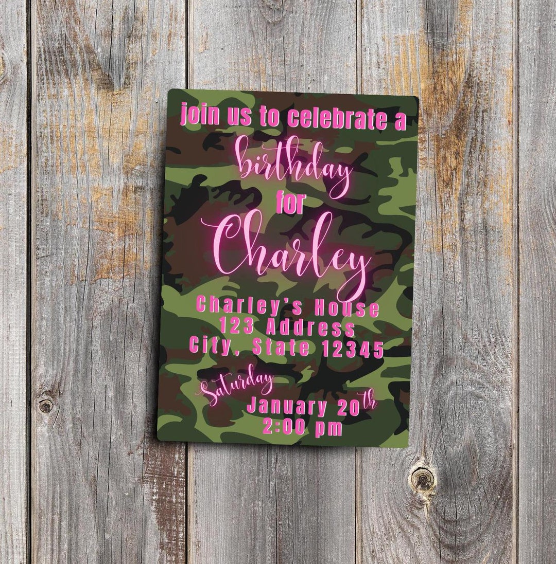 Camo and Pink Girls Birthday Party Invitation Custom Digital Download ...